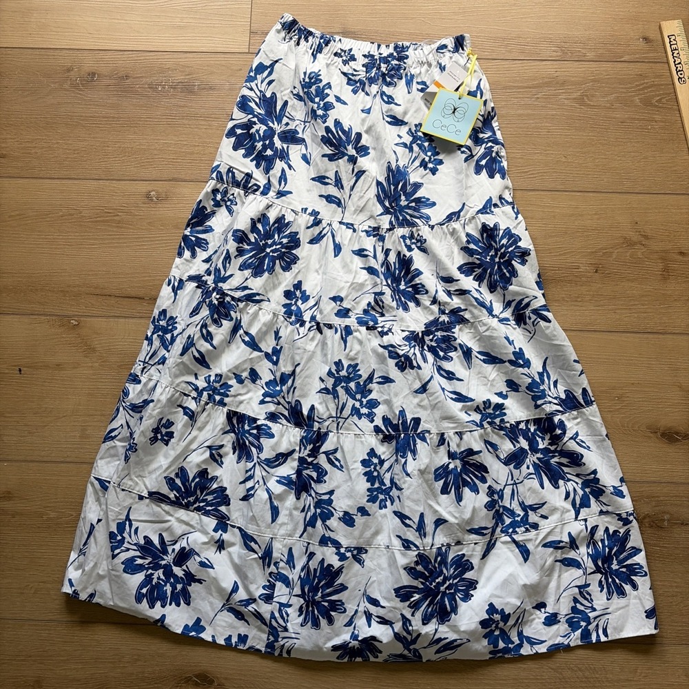 CeCe Skirt White Blue Floral Tiered Maxi Small Pull On Tropical‎ Vacation Resort